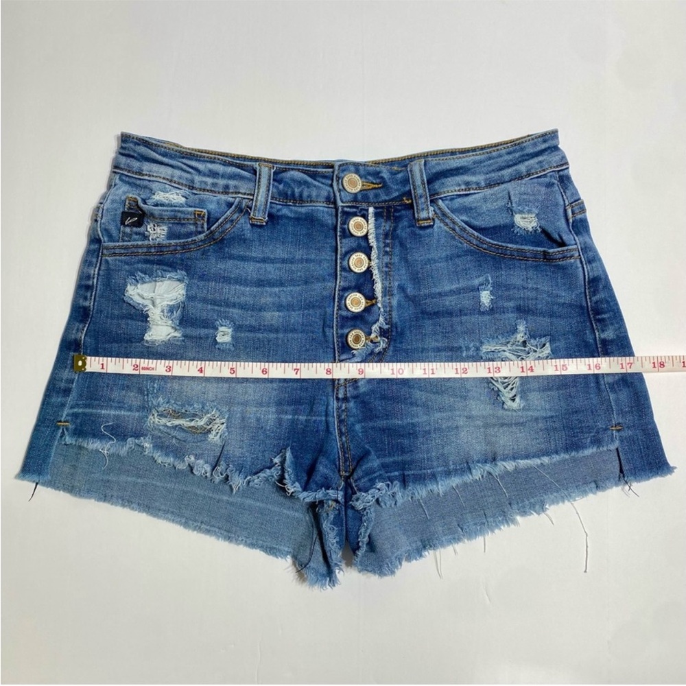 KANCAN High Rise Button Fly Denim Shorts | Distressed Raw Hem | Size 9/28 - Picture 9 of 10